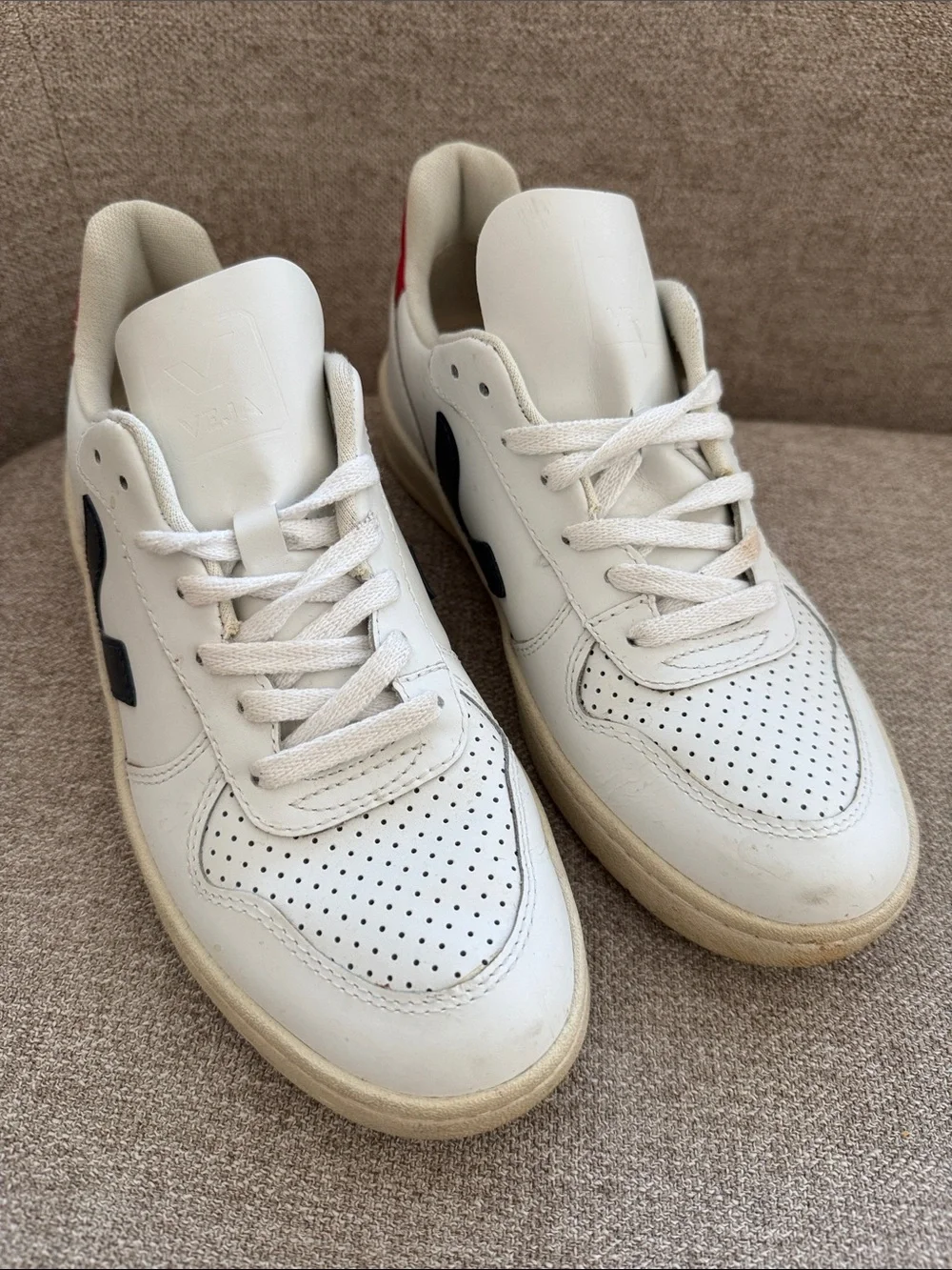 Veja White Leather Sneakers with Navy V and Red Heel Accent